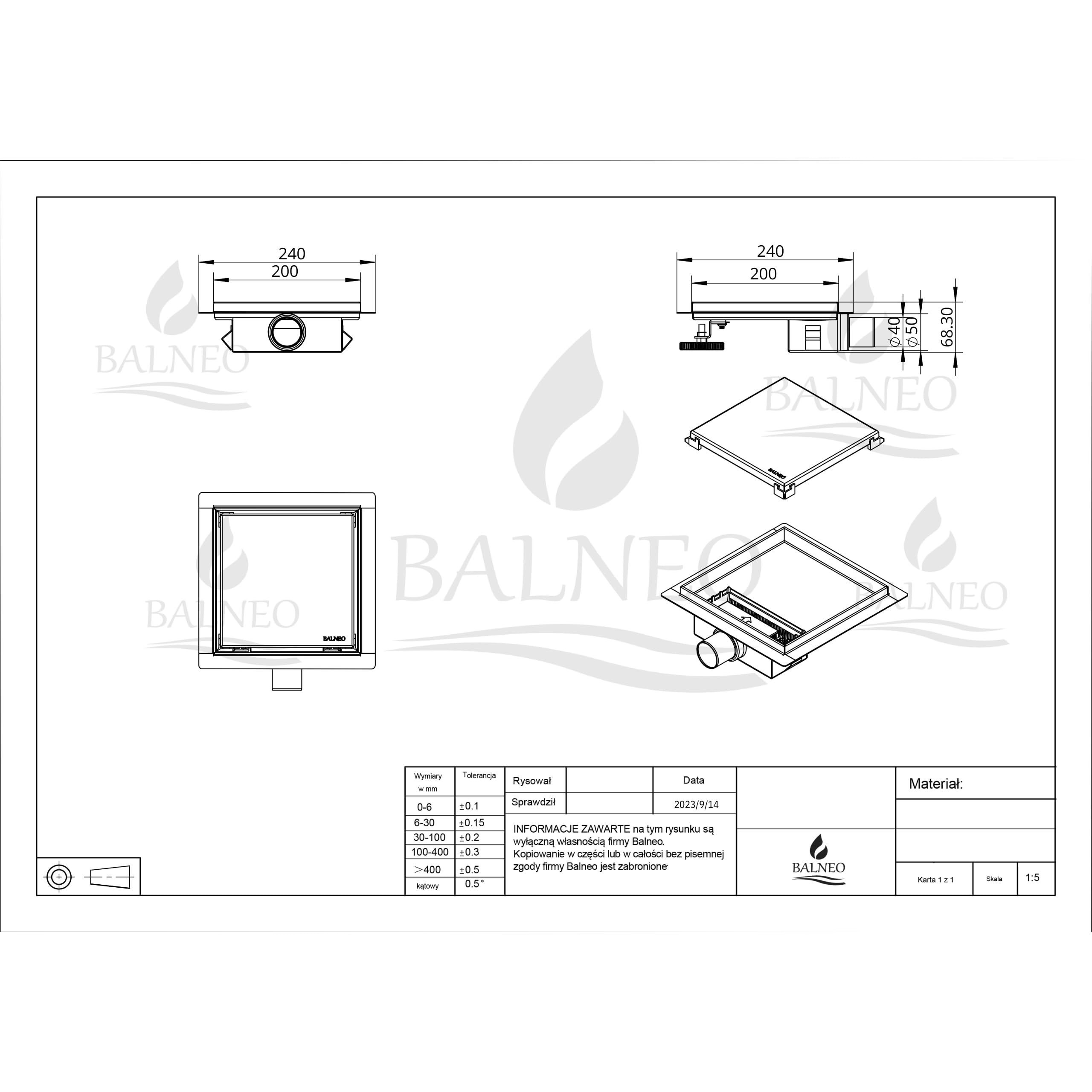 Caniveau de Douche Carré 20x20 cm INOX - Caniveau d'Évacuation Complet pour Salle de Bain - Extra Plat - Chromé des Deux Côtés - Caniveau de Douche W-Drain 2en1