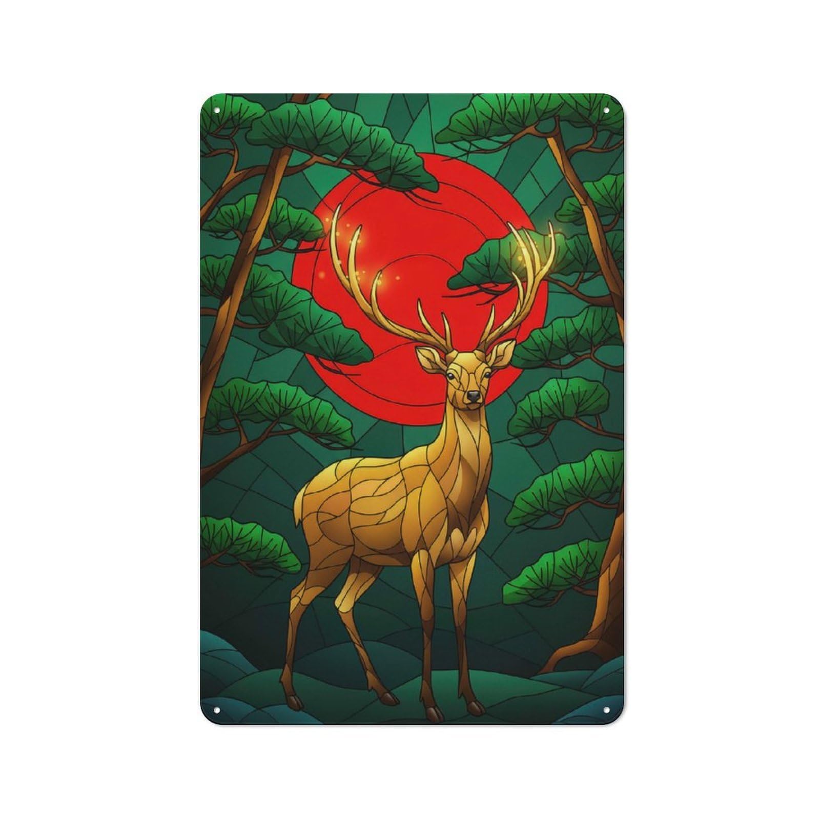 Junmoney Stained Glass Deer In Forest Tin Wall Plaque 30X20cm With For Garage Or Workshop, For Kitchen, Dining Room And Home Bar Wall Decor
