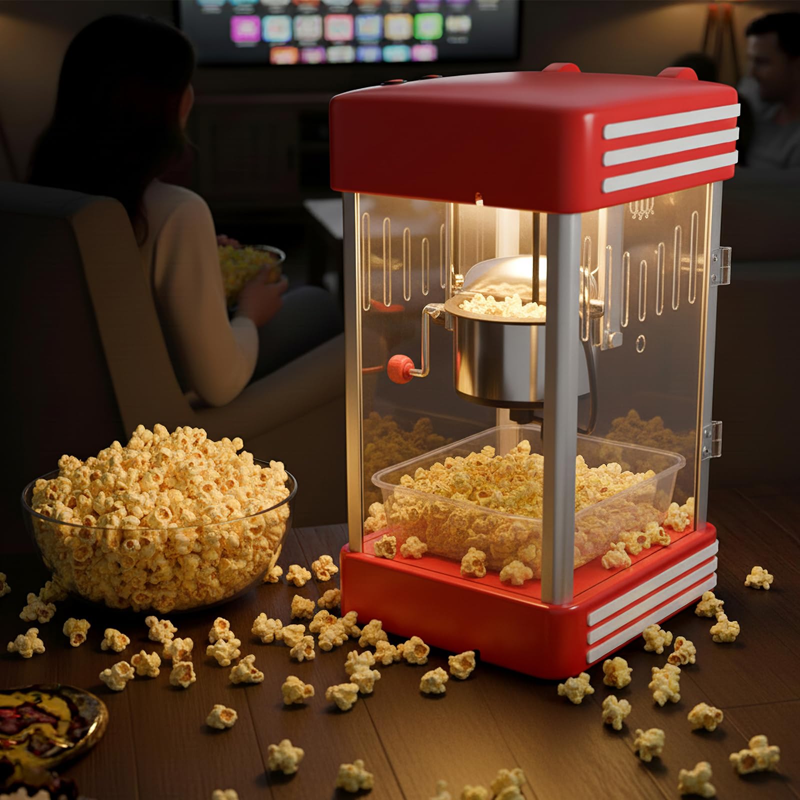 LIFEZEAL Macchina Popcorn 1200W, Riscaldamento e Mantenimento Caldo, Macchinetta Pop Corn Elettrica con 2 Misurino, Contenitore in Acciaio Inossidabile e Vassoio Rimovibile, Condimento Personalizzato