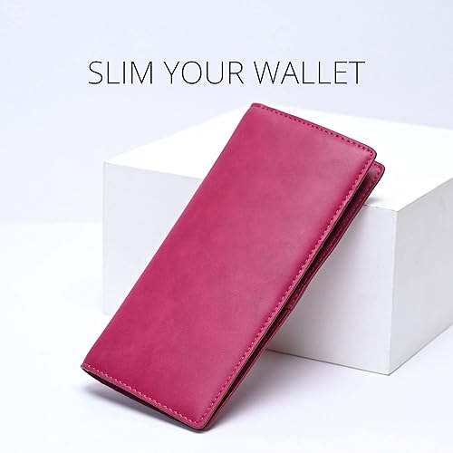 Miniatura 2 de Alldaily Ultra Delgado Fina Cartera para Mujer Bloqueo RFID Titular de Tarjetas de Crédito Bifold Largo Billfold Damas, Fucsia púrpura, Minimalista