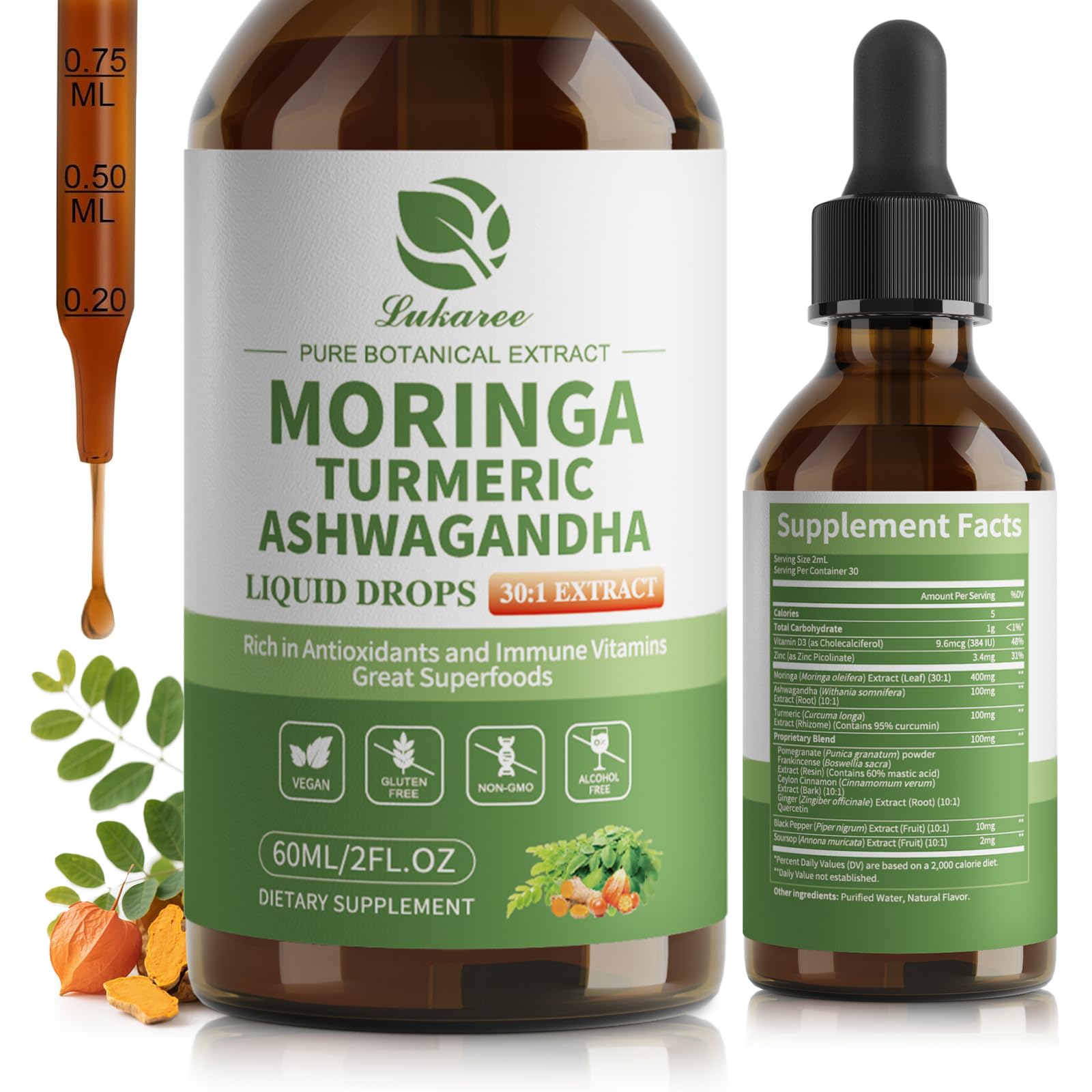 12-in-1 Organic Moringa Drops with Ashwagandha Turmeric Quercetin, Lipsomal 98% Absorption & 30:1 Extract for Energy Immune Joint Digestive Metabolism, Vegan Non-GMO, More Potency Than Moringa Powder