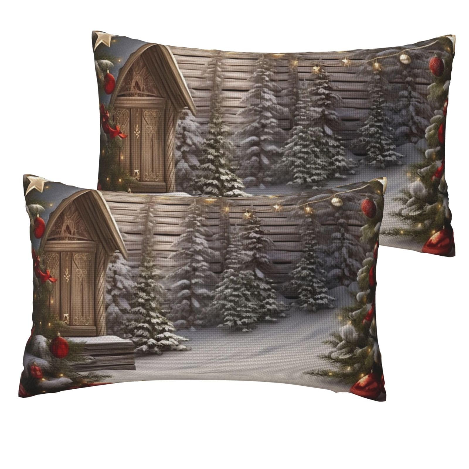 Linen Pillowcases Set of 2 Pillow Shams Breathable Soft Linen Pillow Covers with Envelope Closure Christmas Wood Pillowcases Standard Size 30x50 cm Cooling Washed Pillow Cases