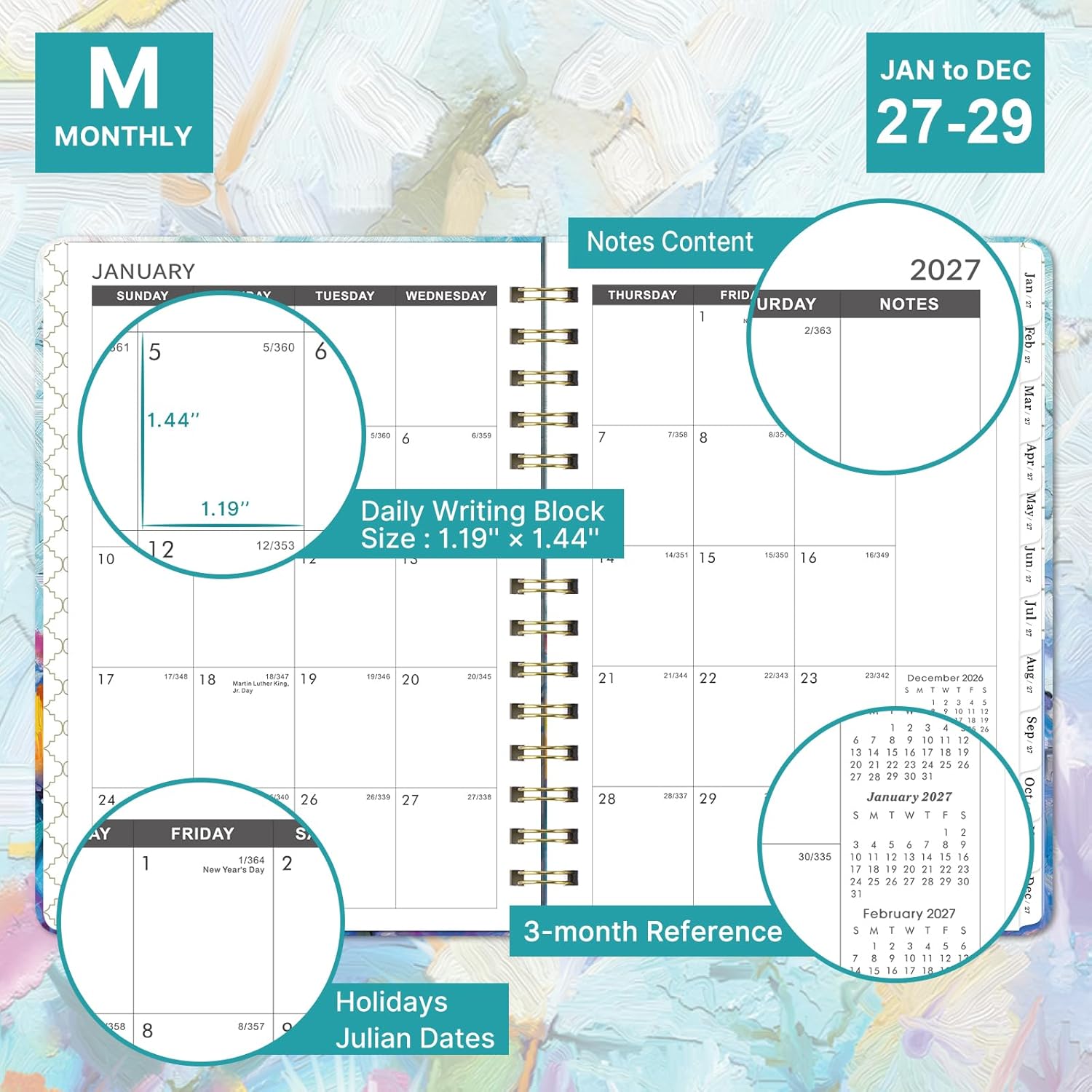 2027-2029 Monthly Planner/Calendar - 3 Year Monthly Planner 2027-2029, January 2027 - December 2029, 6.3" x 8.4", 36 Monthly Planner with Tabs, 29 Notes Pages, Hardcover, Inner Pocket - Oil Painting image 3