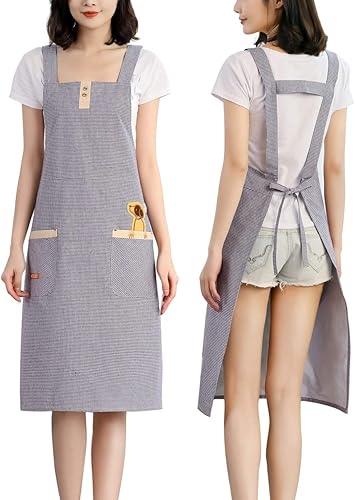 NEWGEM Delantal de cocina de algodón para mujer con pechera de bolsillo para chef de restaurante