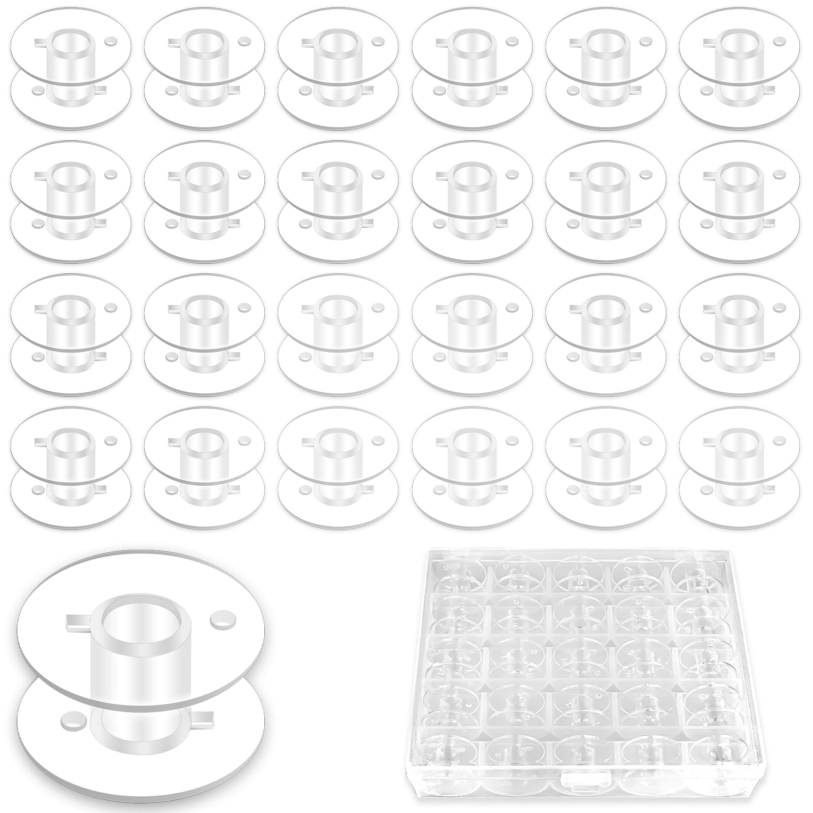 MOXYOY 25PCS Sewing Machine Bobbins, Clear Plastic Bobbins for Sewing Machine with Case, Universal Accessories