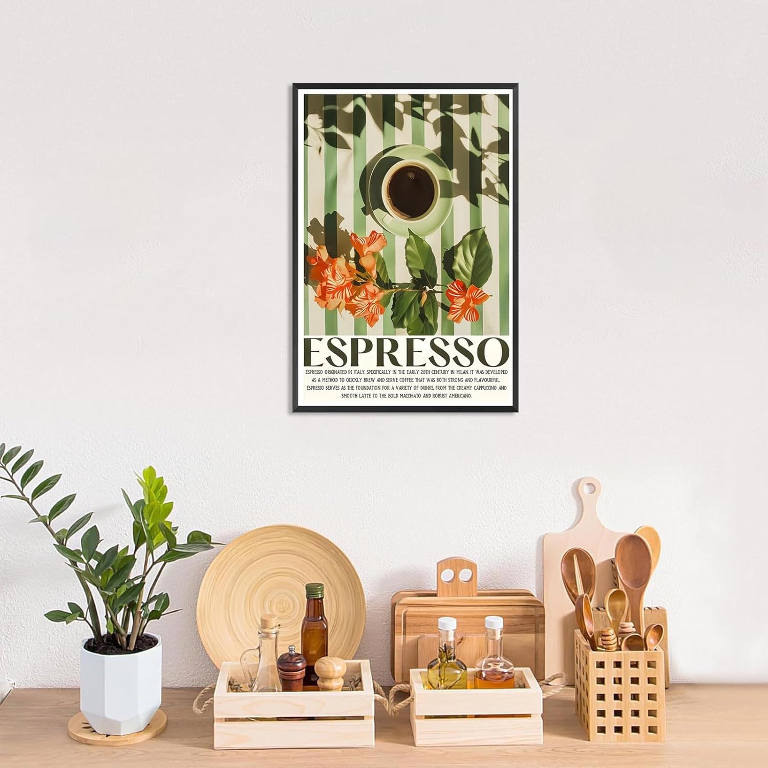 Funny Espresso Coffee Poster Trendy Kitchen Canvas Wall Art Green Coffee Cup On Table Floral Aesthetic Prints Painting For Living Room Kitchen Cafe Bar Wall Decor 12x16in Framed