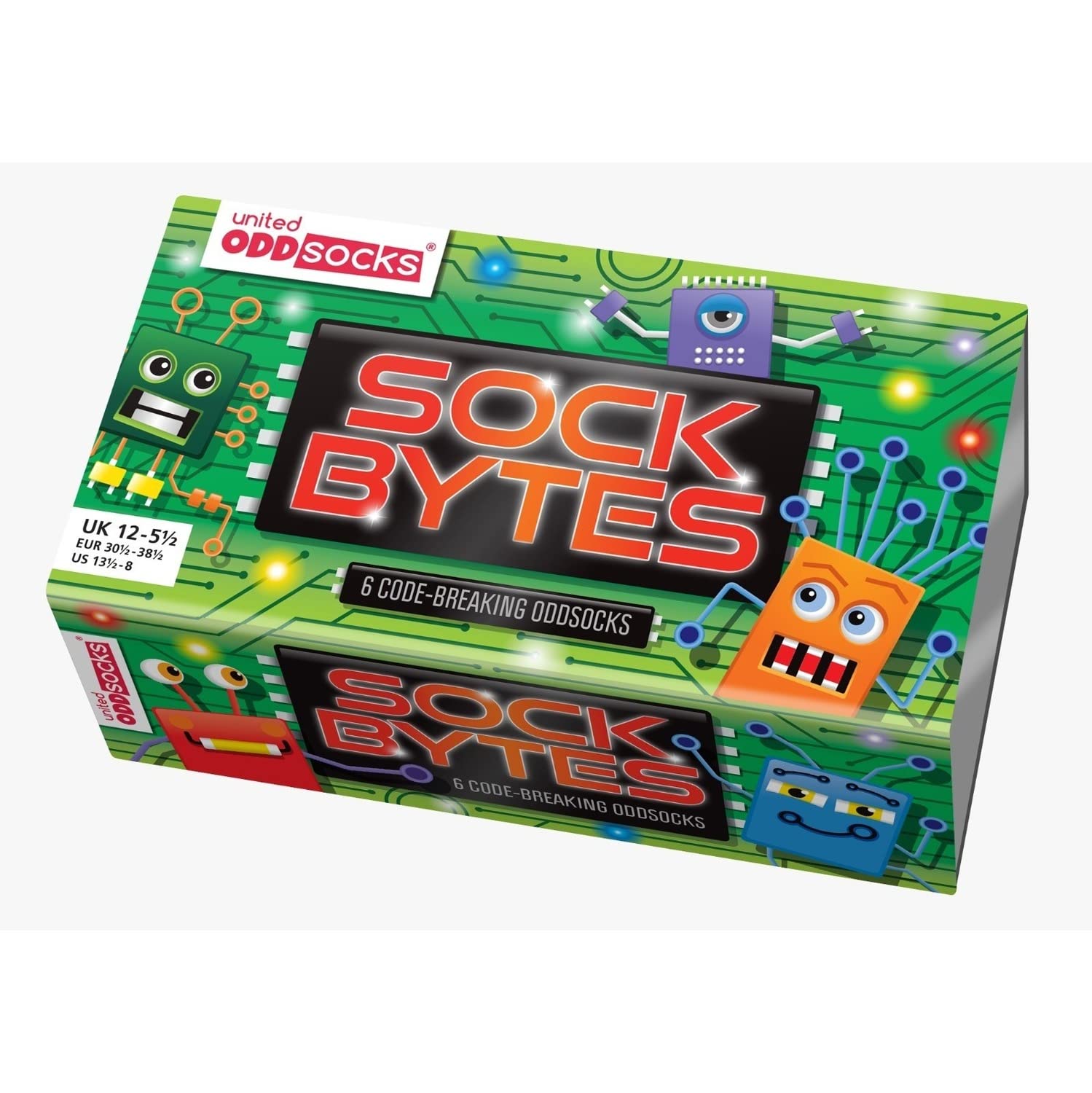 United Oddsocks - Sock Bytes - Scatola 6 calzini dispari per bambini - UK 12-5.5 EUR 30.5-38.5 US 13.5-8, Multicolore, 12