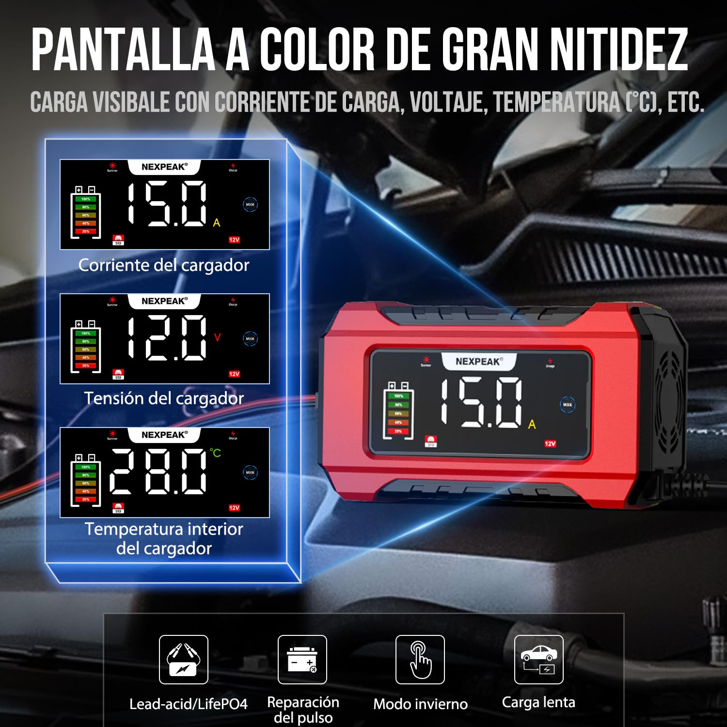 NEXPEAK NC215 Cargador de Batería 15A para Coche, 12V 24V LiFePO4 Portátil 9-Etapas Inteligente - Camión, Moto, Cortacésped, Barco, Marina