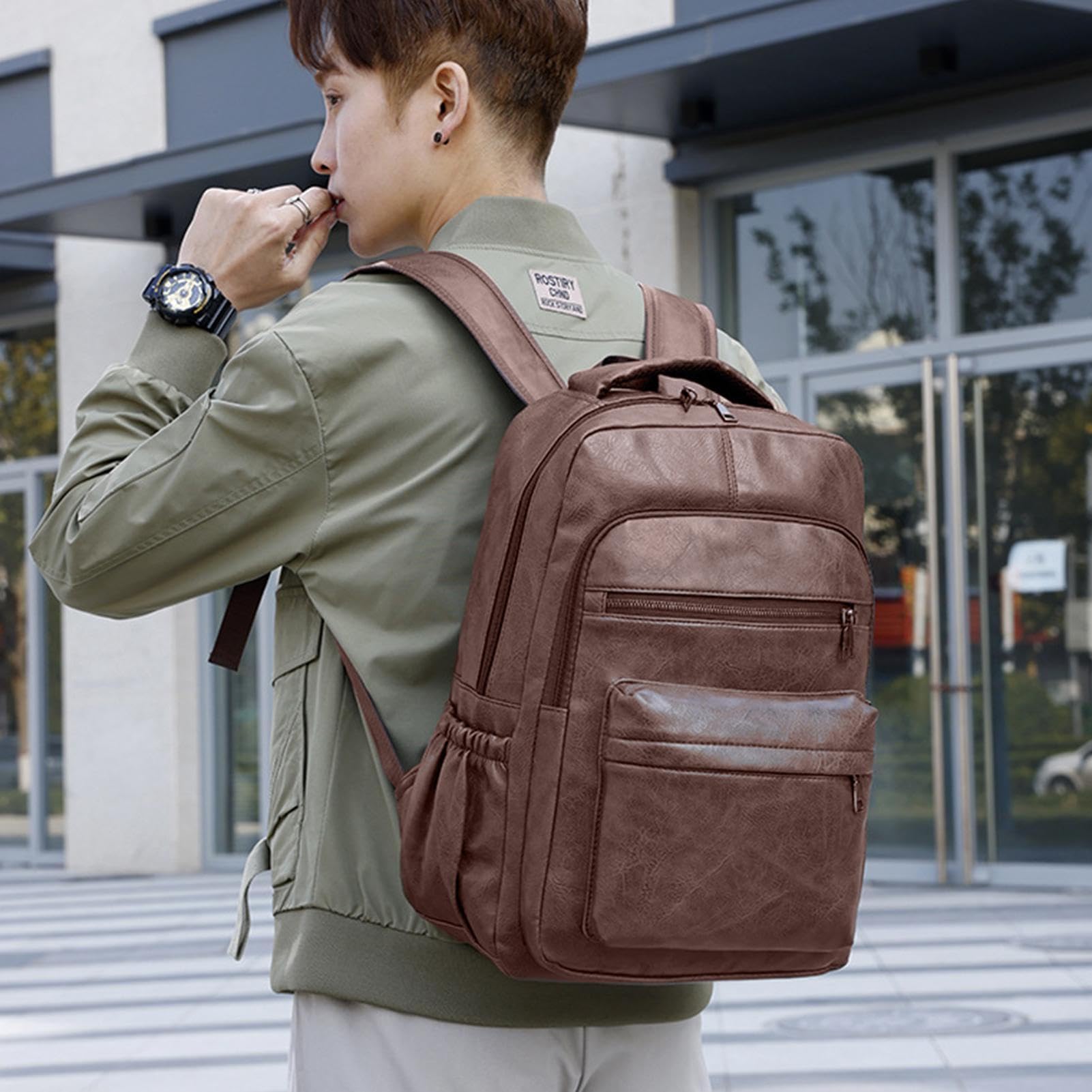 Zaino per computer portatile da uomo, in pelle PU, con porta di ricarica USB, tasche casual, borsa per libri, zaino per lavoro, escursioni, viaggi, campeggio, per laptop da 15,6 pollici