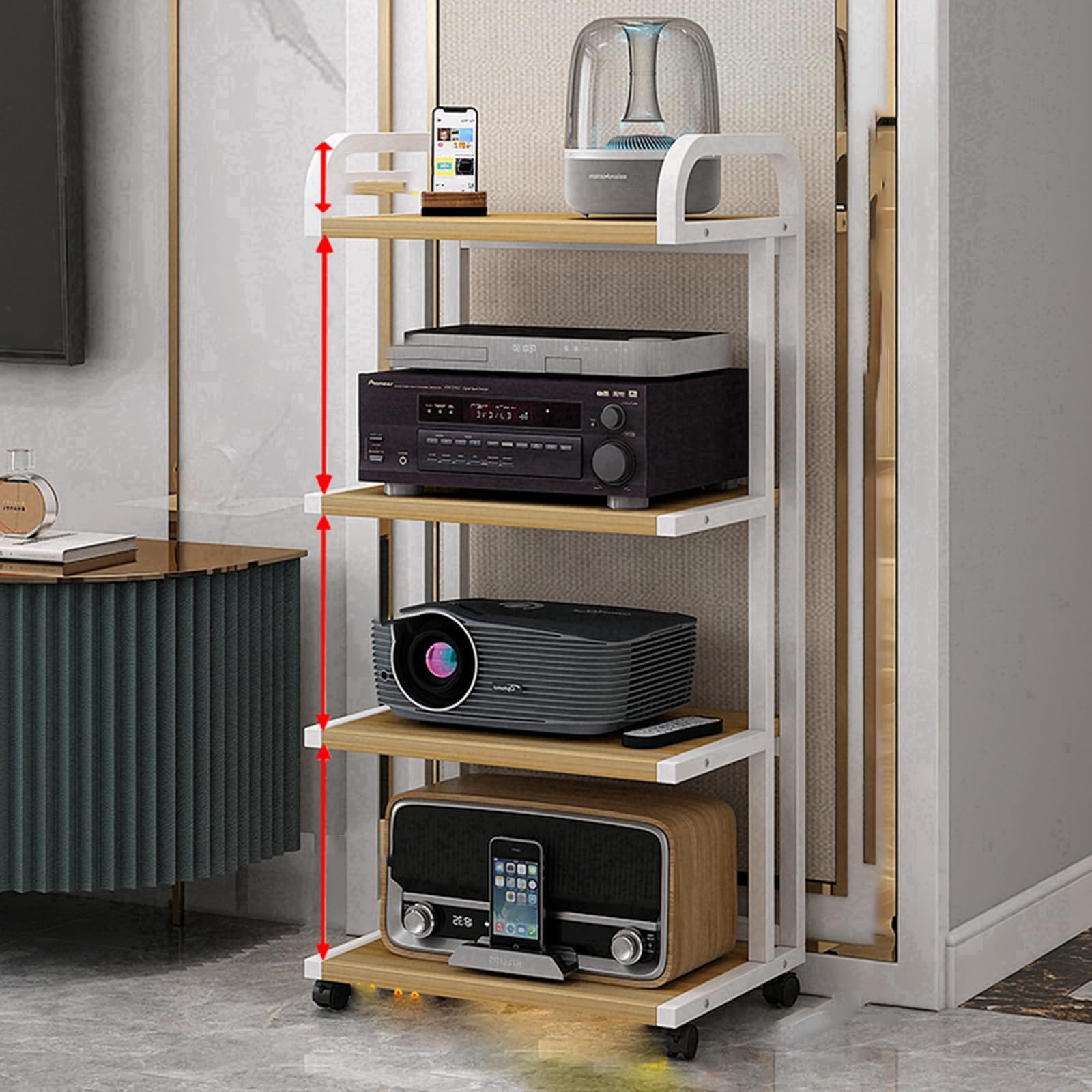 Stojak audio 3/4 – regulowana stojąca na podłodze wieża stereo z ruchomymi półkami, routerem i stojakiem na płyty DVD, stojak na komponenty rozrywkowe (biały orzech, 5 półek)
