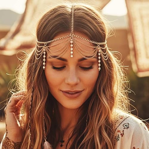 Miniatura 3 de Catery Cadena de pelo de oro para novia, diadema con borlas bohemias para la cabeza, cadena de diamantes de imitación, joyería para el cabello,