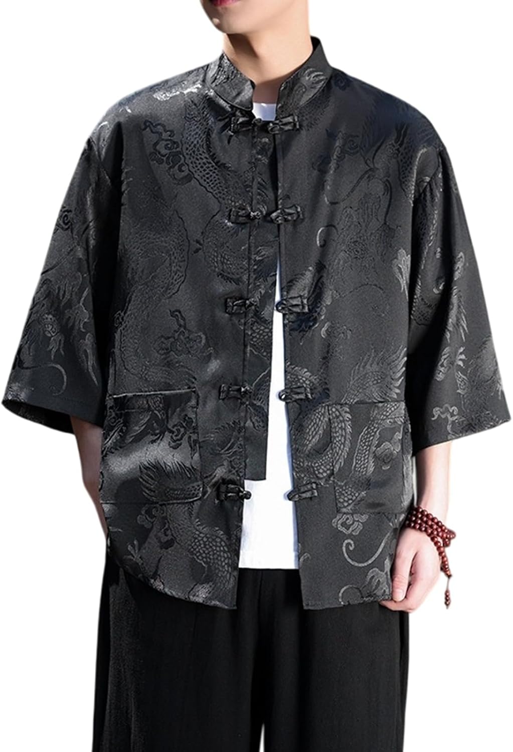 Men's Tang Suit Shirt Chinese Style Mandarin Collar Loose Fit Short Sleeve Tops