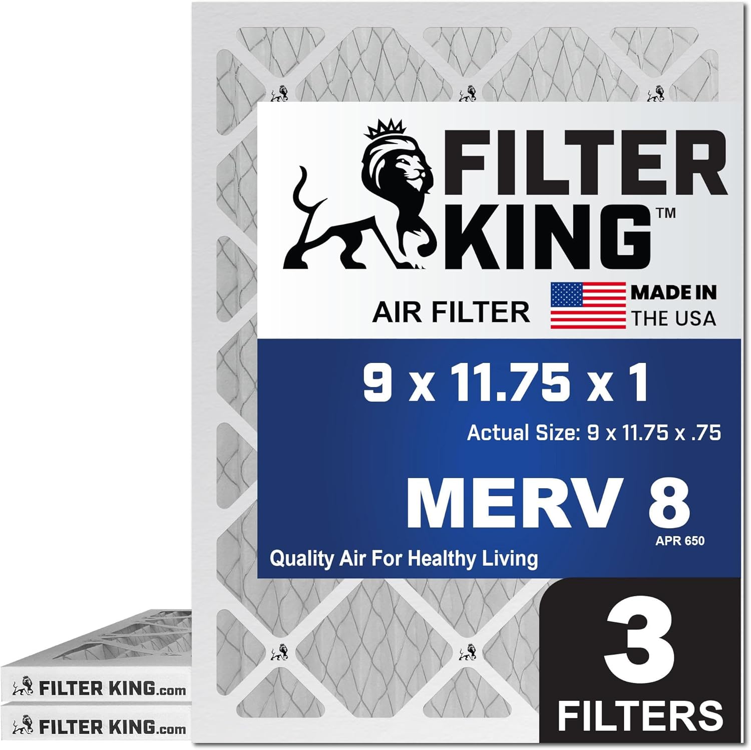 Filter King 9x11.75x1 Air Filter | 3-PACK | MERV 8 HVAC Pleated A/C Furnace Filters | MADE IN USA | Actual Size: 9 x 11.75 x .75"