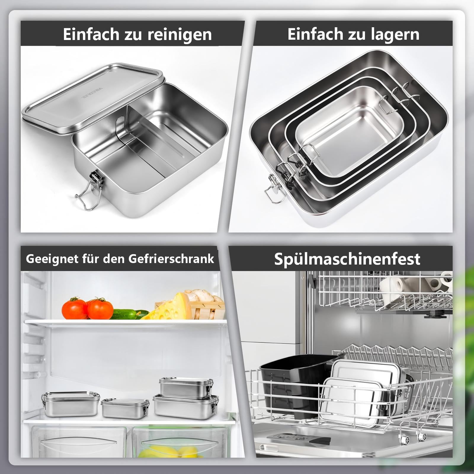 4 Stück Edelstahl-Bento-Box, 4 Größen, Metall-Lunchbox, Lebensmittelbehälter, Lunchbehälter für Zuhause, Arbeit, Camping (550 ml + 850 ml + 1400 ml + 2400 ml)