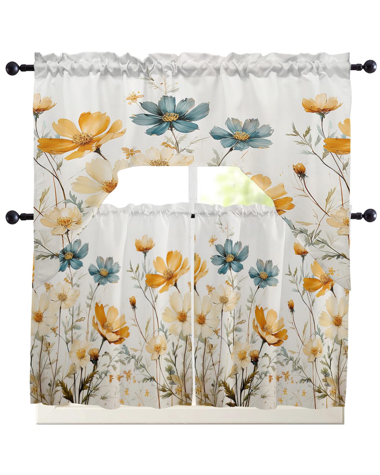Floral Watercolor Swag Kitchen Curtain Sets with Valance,3 Pieces Rod Pocket Curtain Drapes for Bedroom Living Room Bathroom Cafe,Retro Wildflower Botanical Leaves Herb 56''x36''&24''x27.5''x2Panels