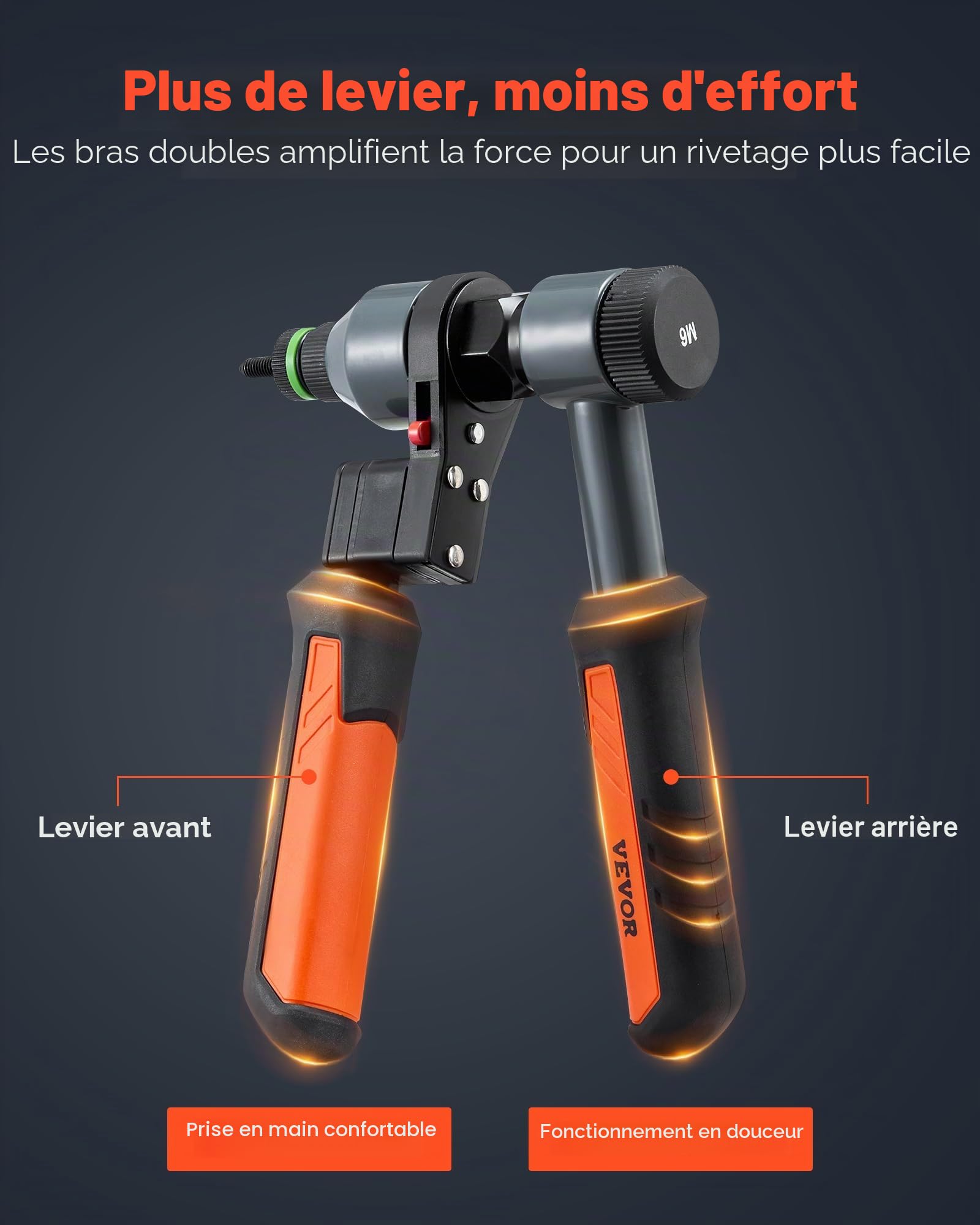 VEVOR Riveteuse Manuelle à Cliquet 21 cm, Kit d'Outils à Riveter Complet, pour Bricoleur Maison, Pince à Écrous à Sertir avec 10 Mandrins Métriques et SAE, 100 Écrous, avec Mallette de Transport