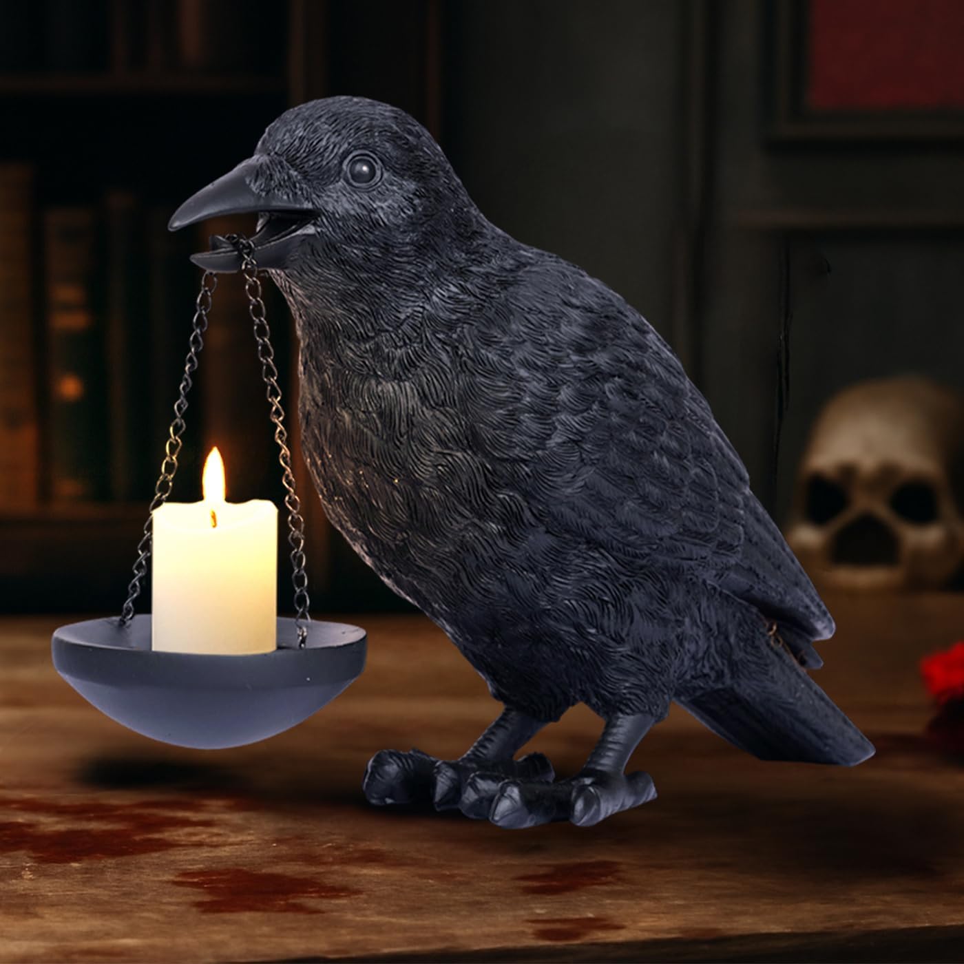 Gothic Home Decor Raven Lamp Tealight Candle Holder Halloween Decorations Indoor Fake Crow Light Holder Resin Black Bird Statue for Living Room Fireplace Entrance Holiday Spooky Ornaments - Image 3