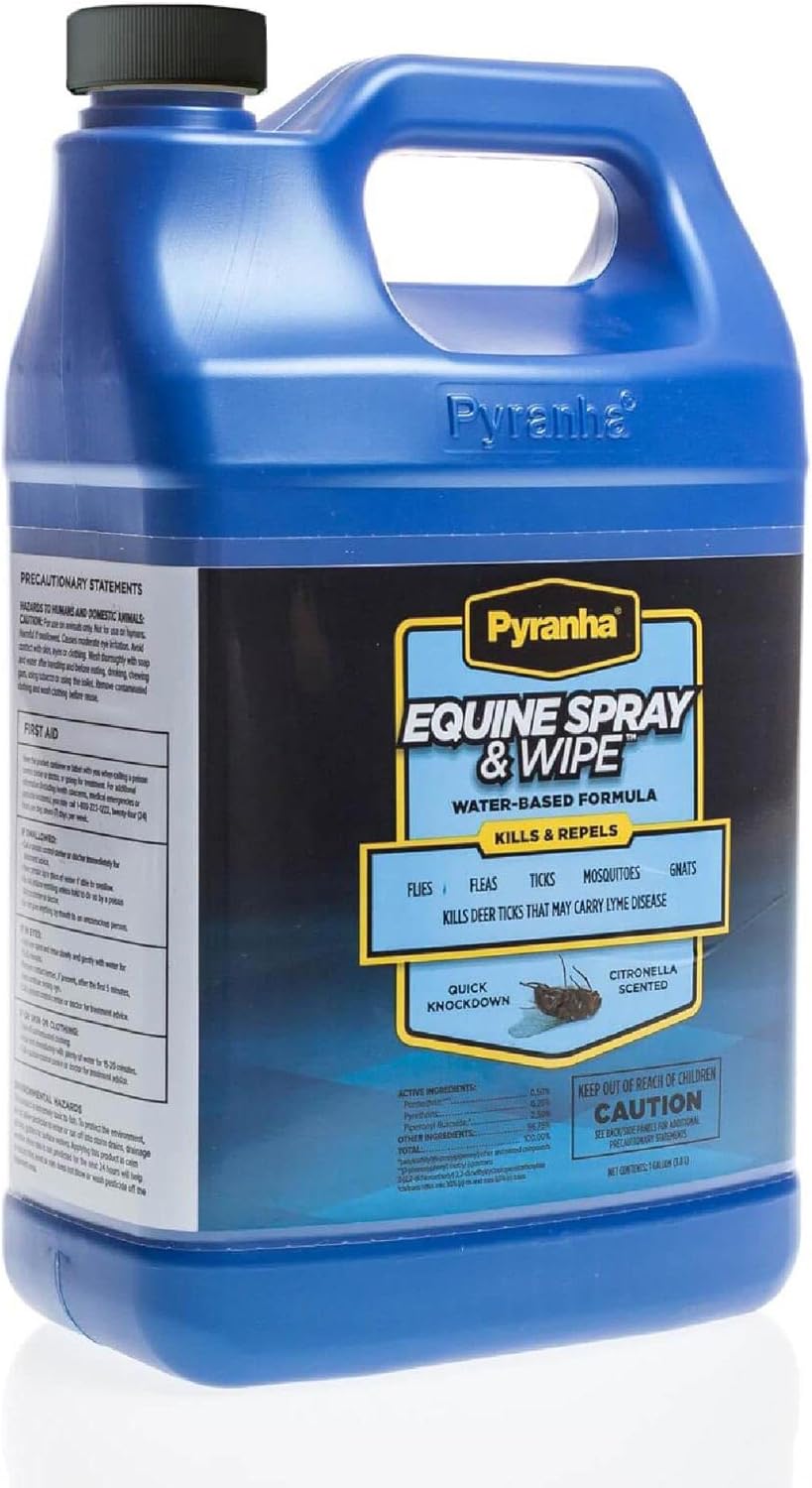 Pyranha Equine Spray and Wipe Fly Repellent for Horses – Water-Based Formula with Citronella Scent, Long-Lasting, Dust-Free, No Shake Required, Gallon