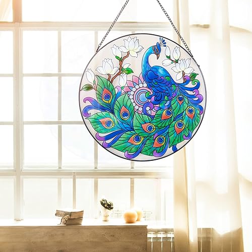 Miniatura 9 de MUMTOP Colgante de vitrales para colgar Atrapasoles de pavo real, panel de vidrio pintado a mano, decoración del hogar para abuela, idea de regalo