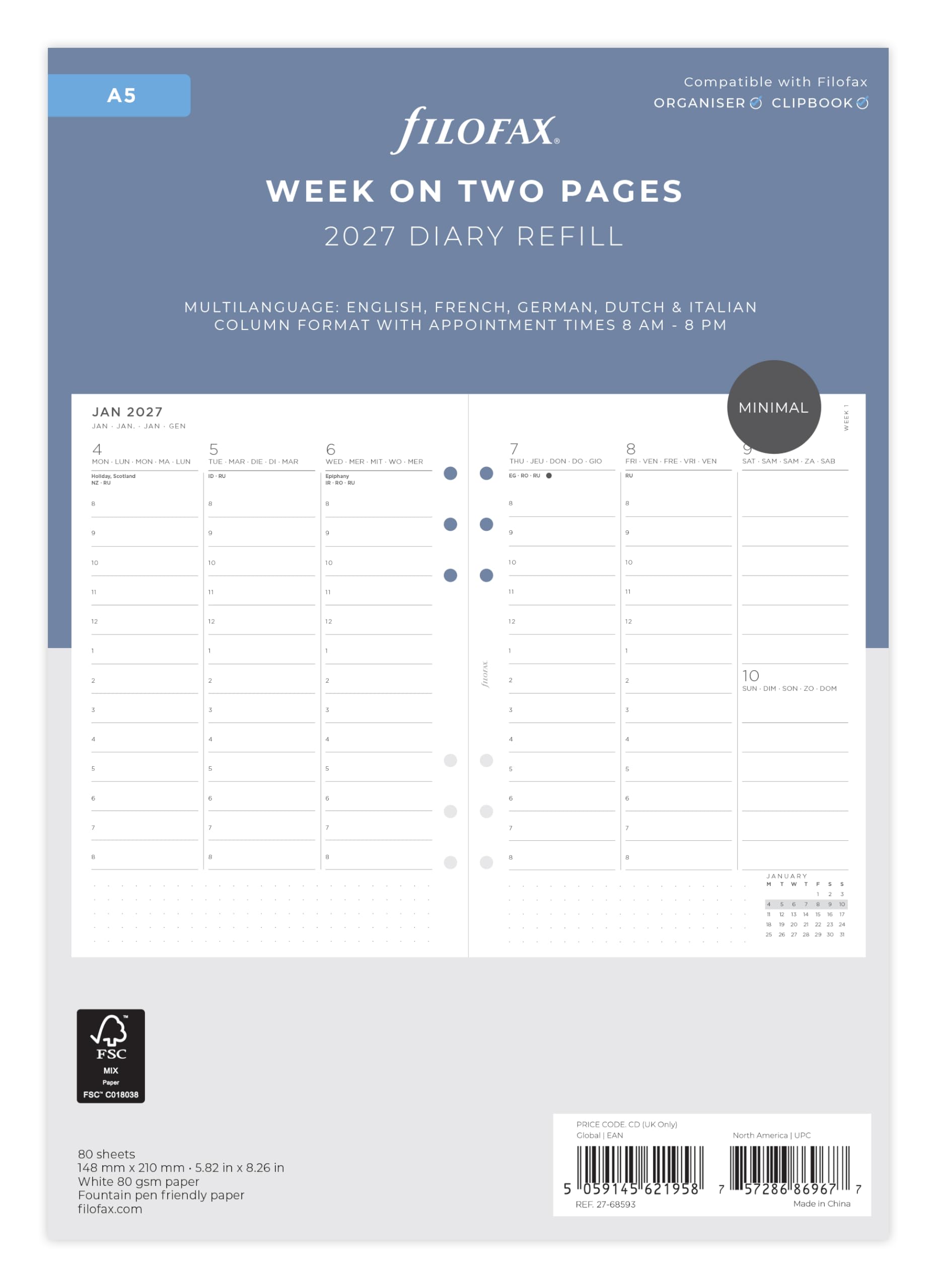 Filofax A5 Minimal Week to view vertical 2027 diary with appointments 27-68593