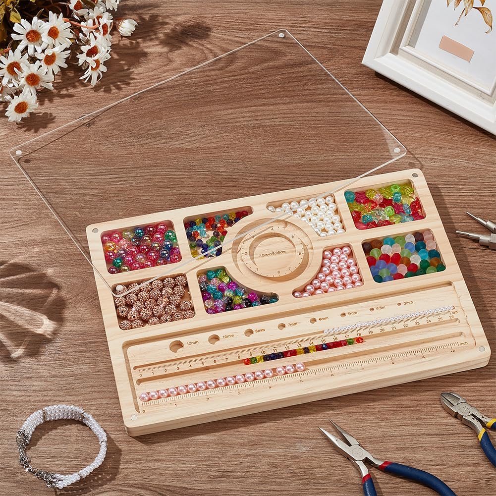BENECREAT Wooden Beading Board with Clear Acrylic Lid, 11.8x7.8x0.6inch Bracelet Board with Measurements Bead Design Tray for DIY Jewelry Bracelets and Necklaces Making