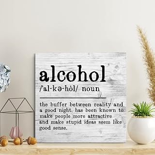 Wood Sign Alcohol Definition Typography Wooden Sign Funny Alcohol Quote Wall Decorations for Living Room Rustic Wall Art Kitchen Home Decor Signs Wall Hanging Sign Housewarming Gift 10x10in