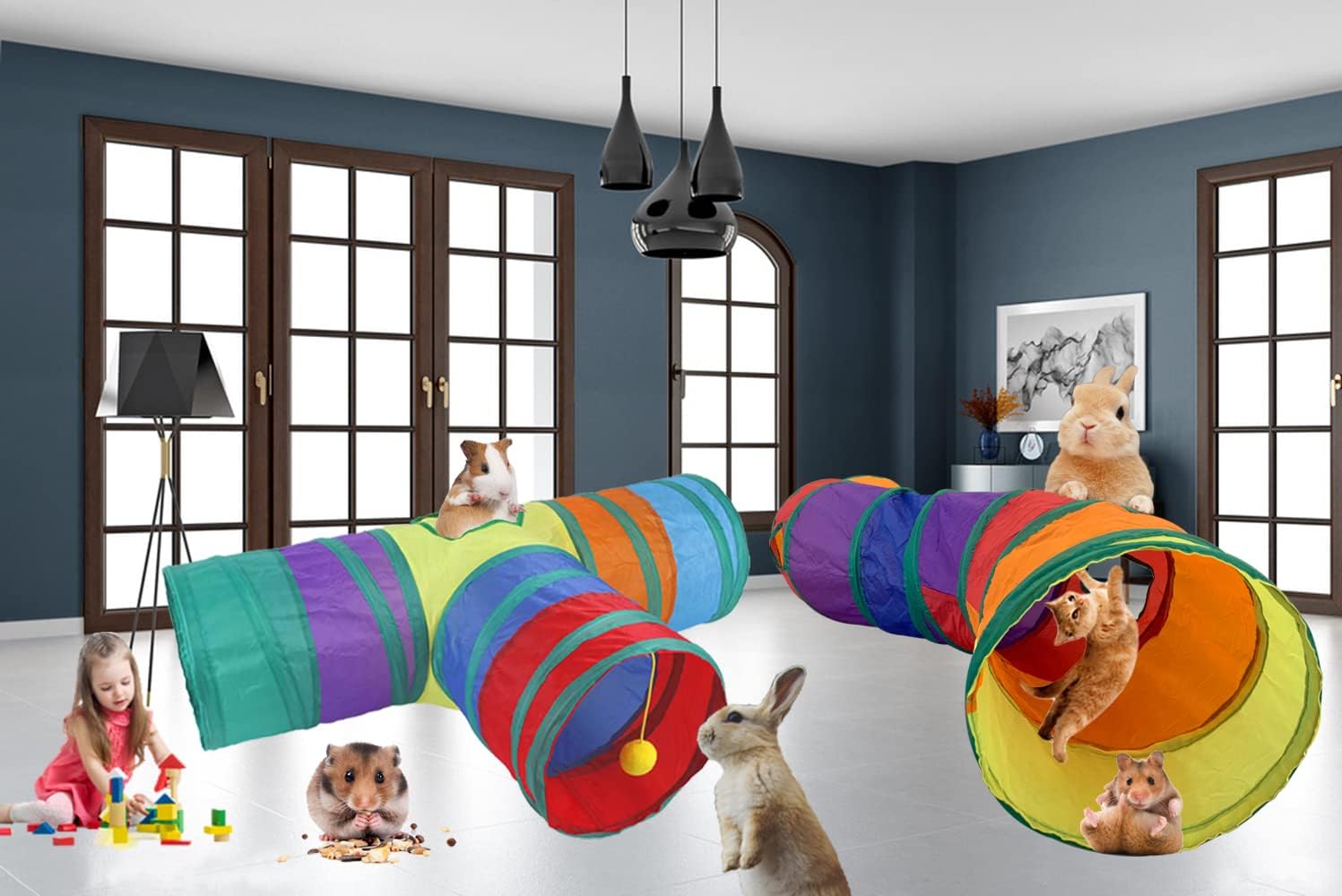 Rabbit Tunnels & Tubes Collapsible 3 Way and S-Type Tunnel Bunny Hideout Small Animal Activity Tunnel Toys for Dwarf Rabbits Bunny Guinea Pigs Kitty