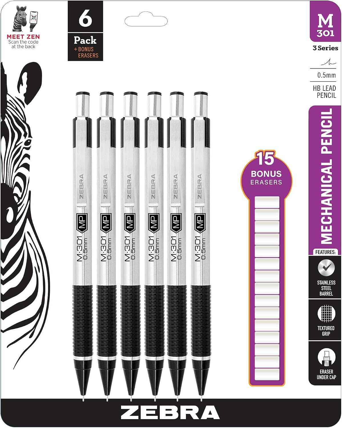 Zebra M-301 Stainless Steel Mechanical Pencil 0.5 mm Point Size, 6 Pack with 15 Bonus Erasers Refills - Standard HB Lead - Professional Black Grip