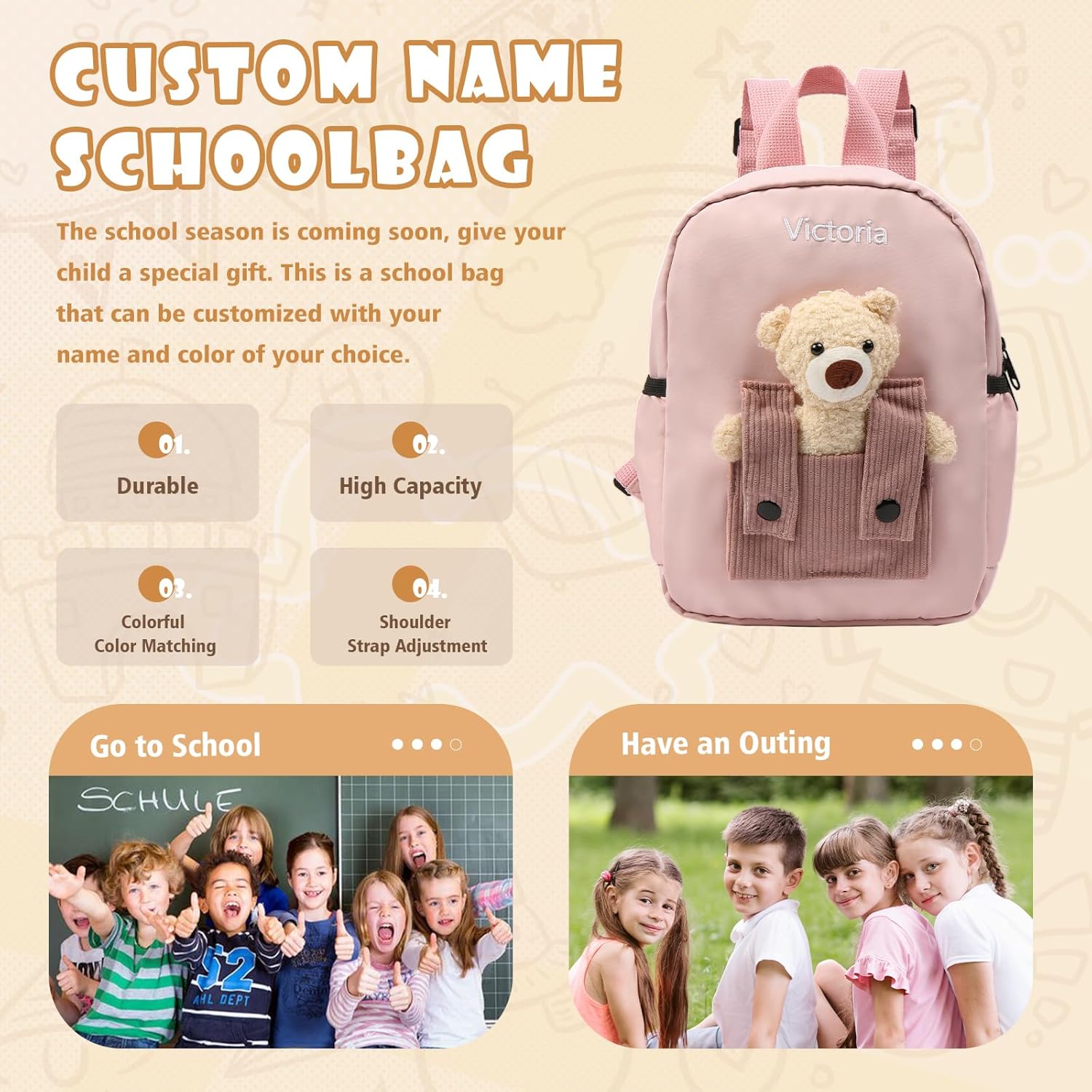 Custom Bear School Backpack Personalized Custom Name Backpack Lightweight Bookbag Girls Boys Casual Daypack (Style 7)