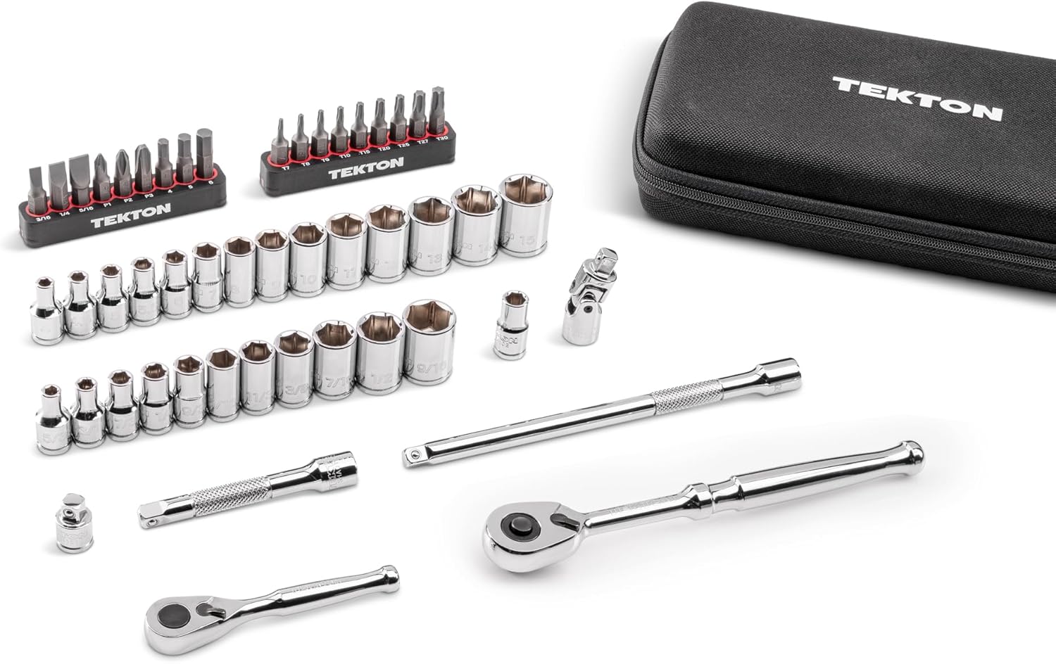 TEKTON 1/4 Inch Drive 6-Point Small Engine Shallow Socket, Bit, and Quick-Release Ratchet Set with Case (50-Piece) | SKT07902