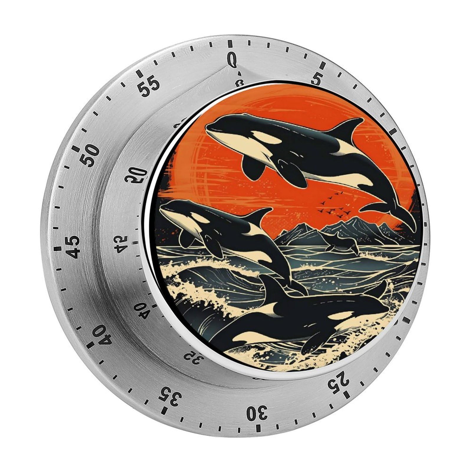 Orcas Whale Jumping Sunset 60 Minute Wind Up Timer,Visual Mechanical Magnetic Timer with Loud Alarm for Kitchen