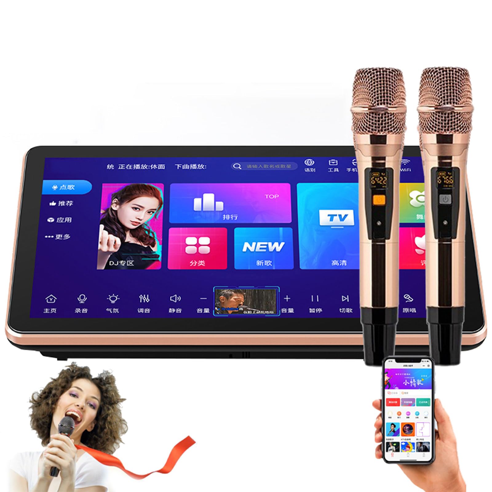 Urządzenie karaoke z 18,5-calowym ekranem dotykowym, pilotem do telefonu i kontrolą aplikacji, bezprzewodowym mikrofonem, do użytku domowego, rodzinnego i imprezowego Black-6T