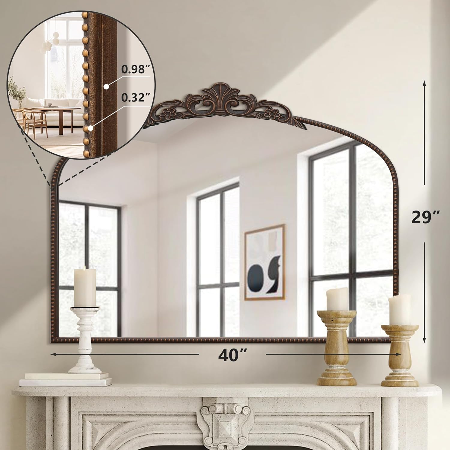 Micasso Large Bronze Vintage Mirror: 40"x29" French Baroque Antique Mirror - Traditional Ornate Decorative Wall Mounted Arched Mirrors for Wall/Mantel/Entryway/Hallway - Home Decor for Living Room