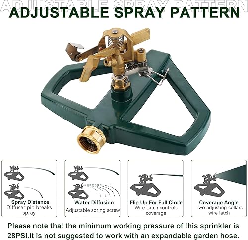 Miniatura 2 de Rociador de impacto pulsante de metal con base de metal, rociadores de latón resistente para patio, césped, jardín, cobertura de área grande de 20 a