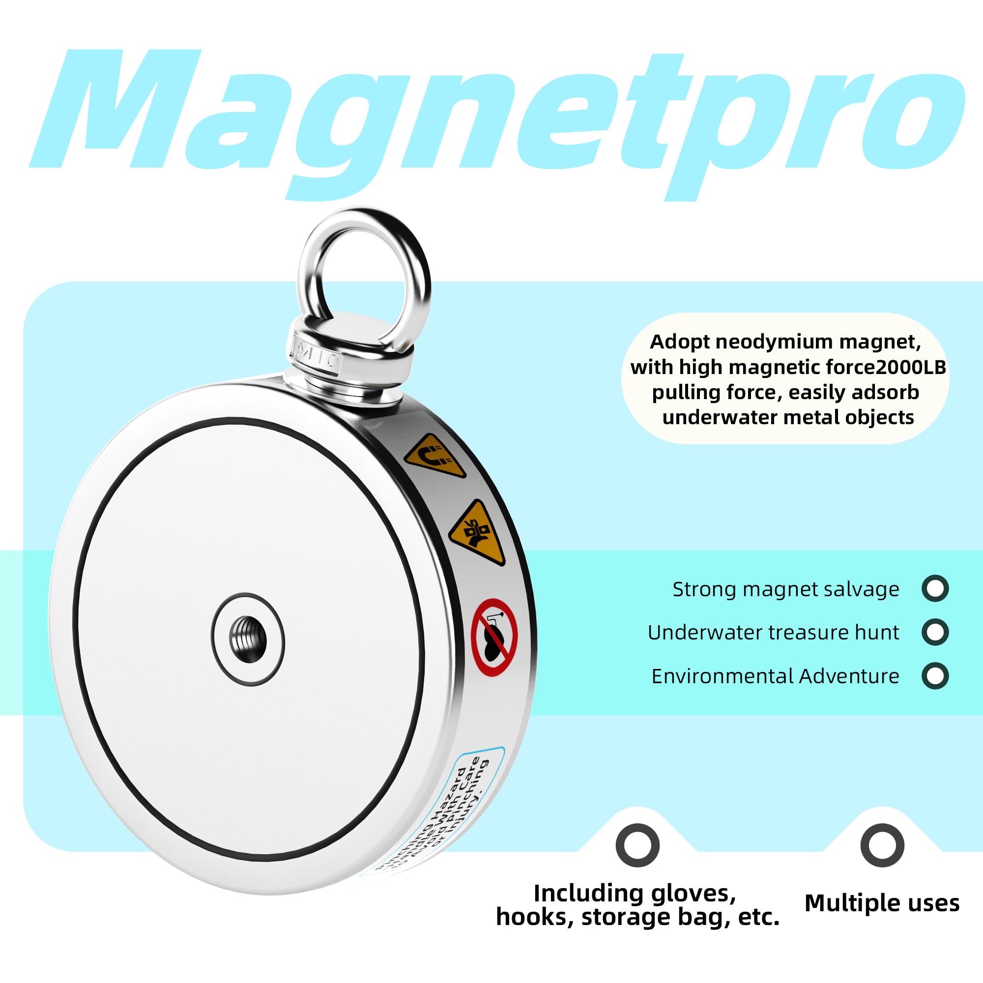 Magnetpro 900 KG Komplettes Abrufmagnet-Set, Doppelseitiges Angelmagnet Enthält einen starken Neodym-Magneten, langlebiges 20-Meter-Seil, Karabiner, Handschuhe, Enterhaken und eine Tragetasche