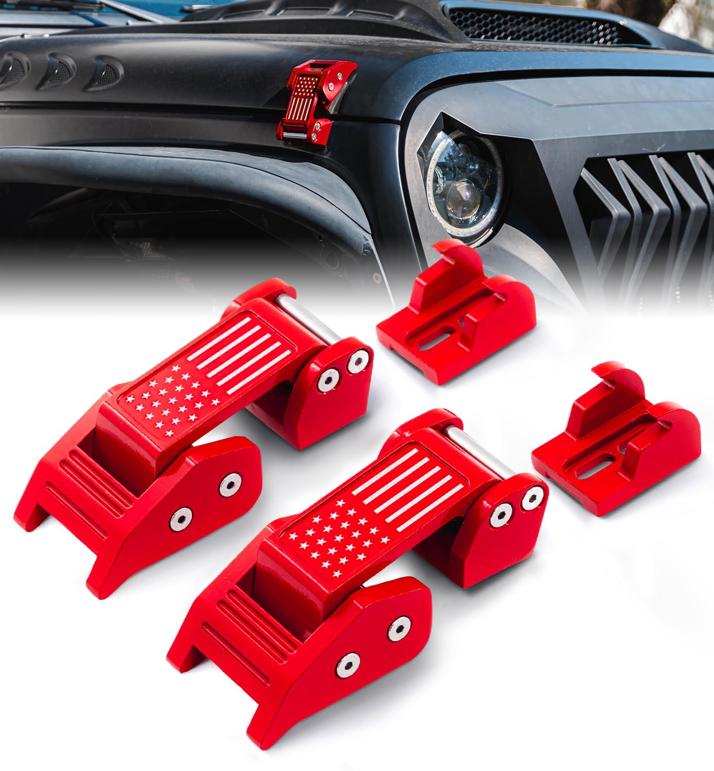 Red U.S. Flag Aluminum Hood Latches Compatible with 2007-2026 Jeep JK JL JT