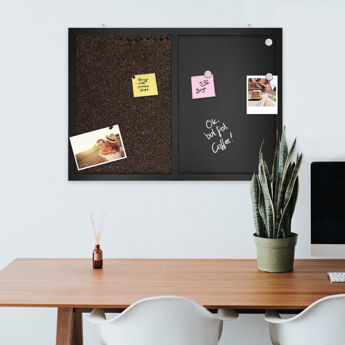 Navaris Tableau affichage mixte - Tableau mémo 70 x 50 cm avec tableau noir ardoise et tableau liège - Kit fixation craie aimant punaise inclus
