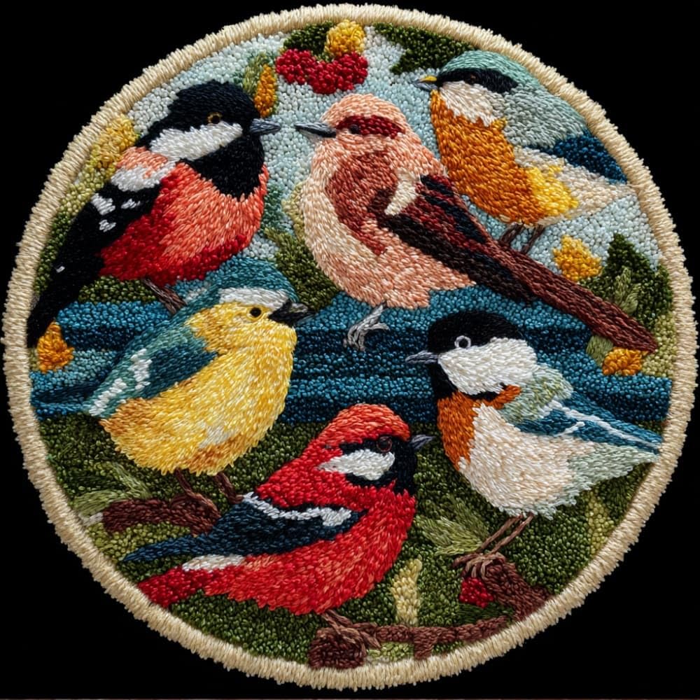 kitphoenix Round Shape Latch Hook Kits Rug Birds DIY Cushion Rug Carpet Making Crochet Hook Kits Preprinted Pattern Canvas Cushion Yarn Hooking Kits Mat Kits 50X50Cm