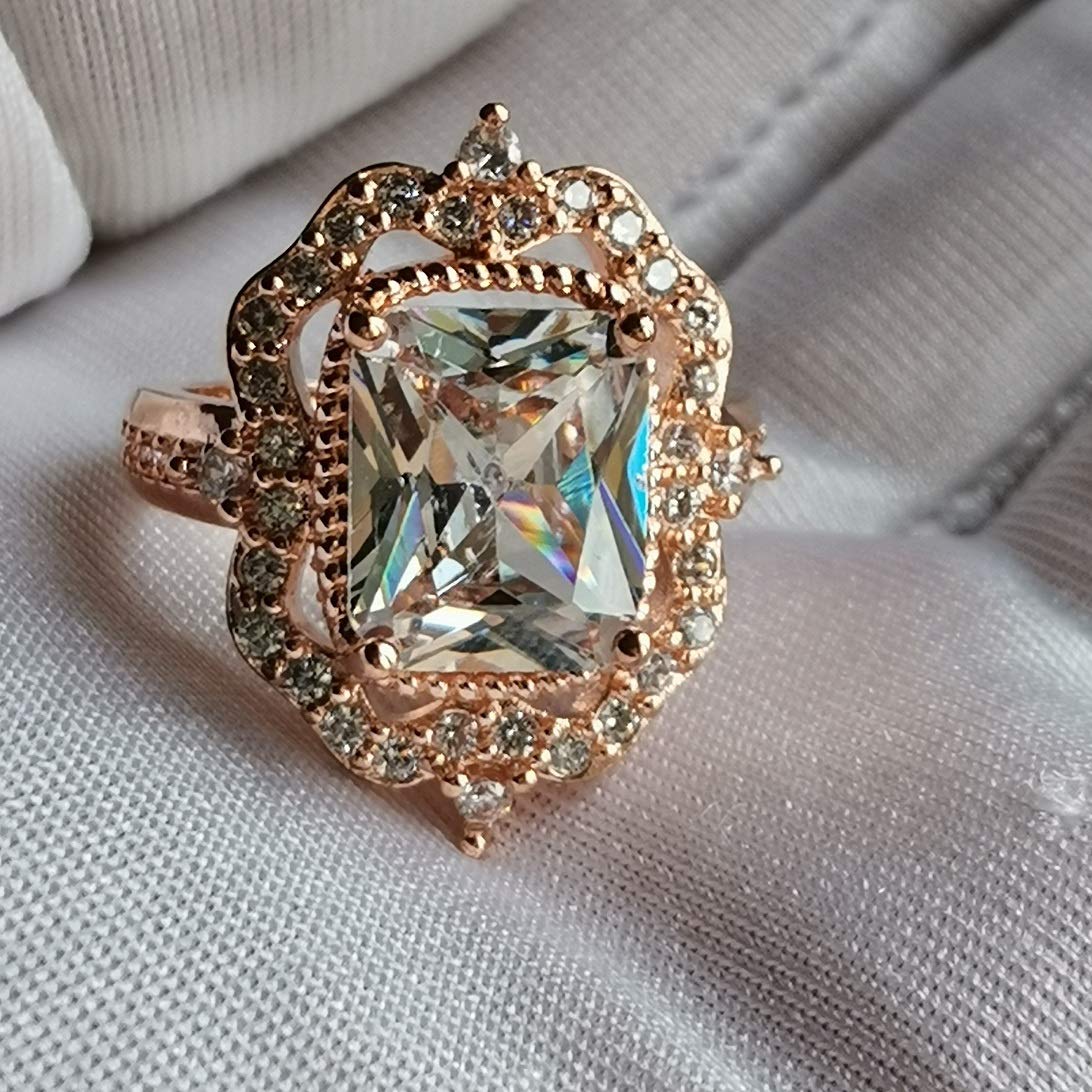 XIALV 7 ct Vintage Rose Gold Tone Cubic Zirconia CZ Ring Women's