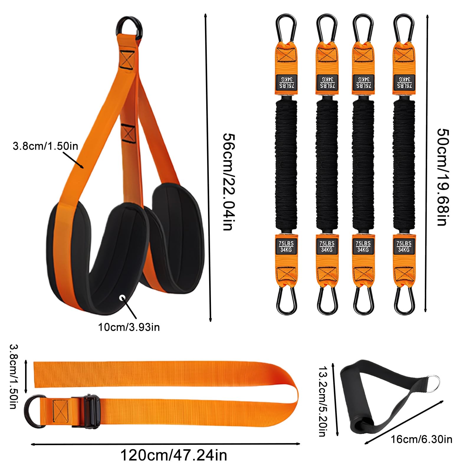 Set di fasce di sostegno per trazioni, con 4 fasce di resistenza regolabili + poggiapiedi, cinghie regolabili per sollevamento per interni domestici, arancione, resistenza 300 lb