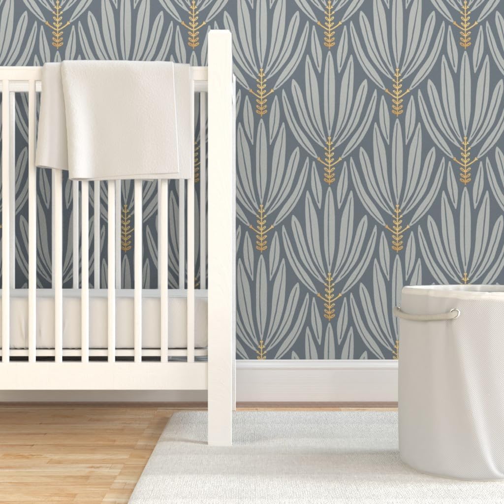 Spoonflower Removable Wallpaper Swatch - Frond Leaves Botanical Elegant Minimal Grey Custom Pre-Pasted Wallpaper