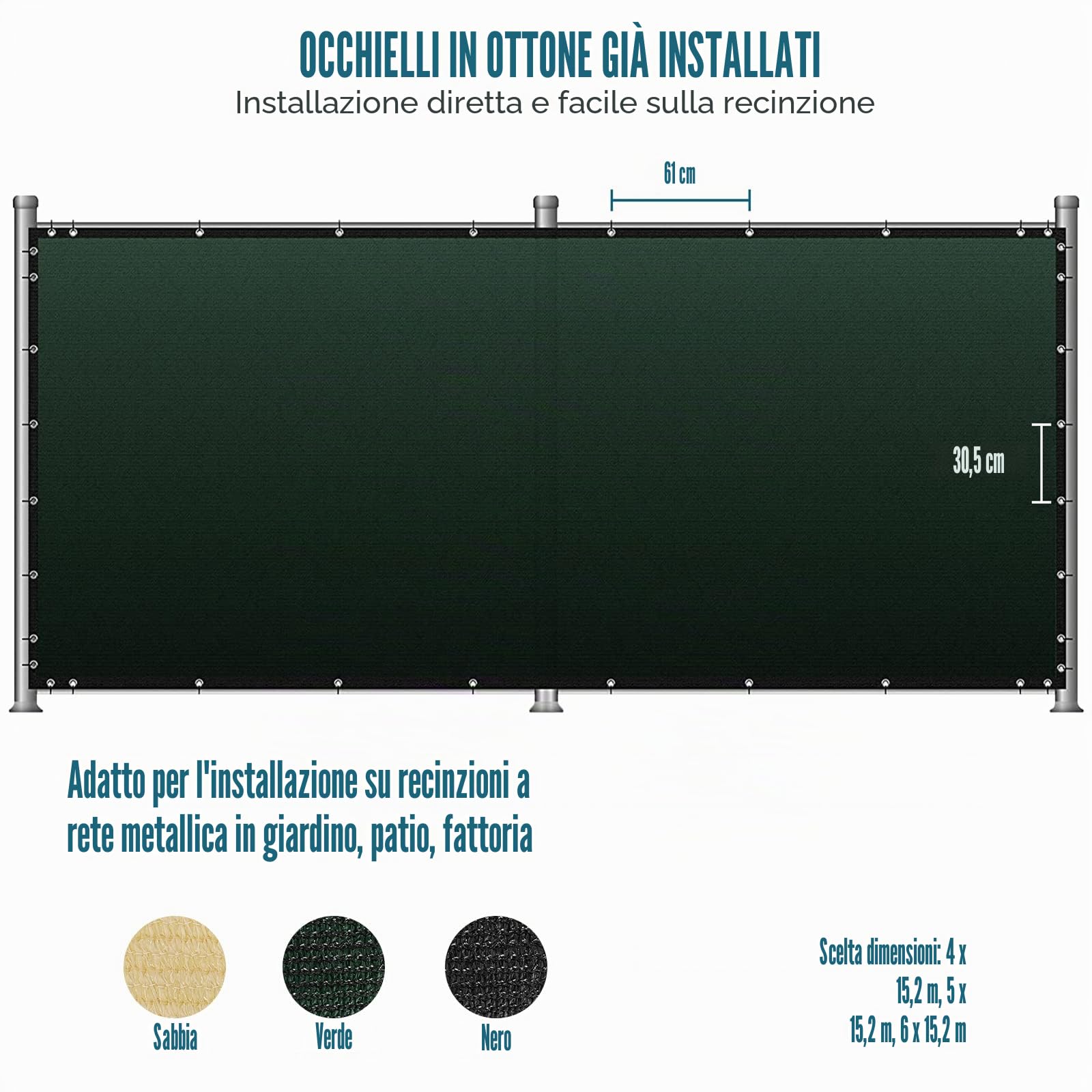 UIRWAY Telo Ombreggiante Sabbia 1,22m x 15,24m Rete Ombreggiante Occhiellato Protezione 90% Blocco Privacy Servizio Pesante HDPE 170g/m² Frangivista per Recinzione Giardino Terrazzo (Verde)