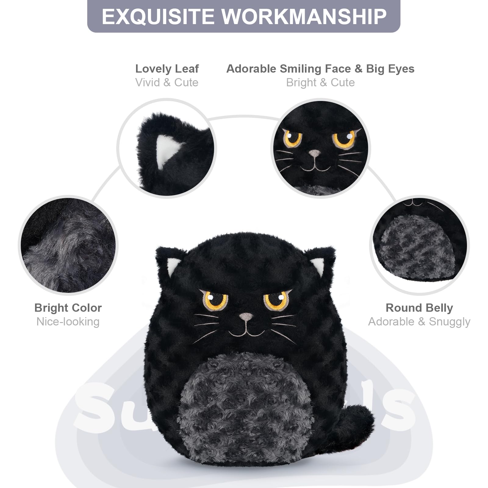 SuzziPals 14" Cute Black Cat Plush Pillows, Cute Cat Stuffed Animals