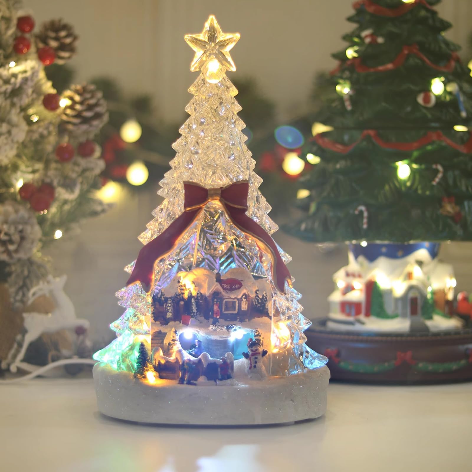 Figura de árbol de Navidad con caja musical, interior giratorio iluminado y luces de ensueño, 8 pistas de música de Navidad intercambiables para decoración del hogar o escritorio de sala de estar