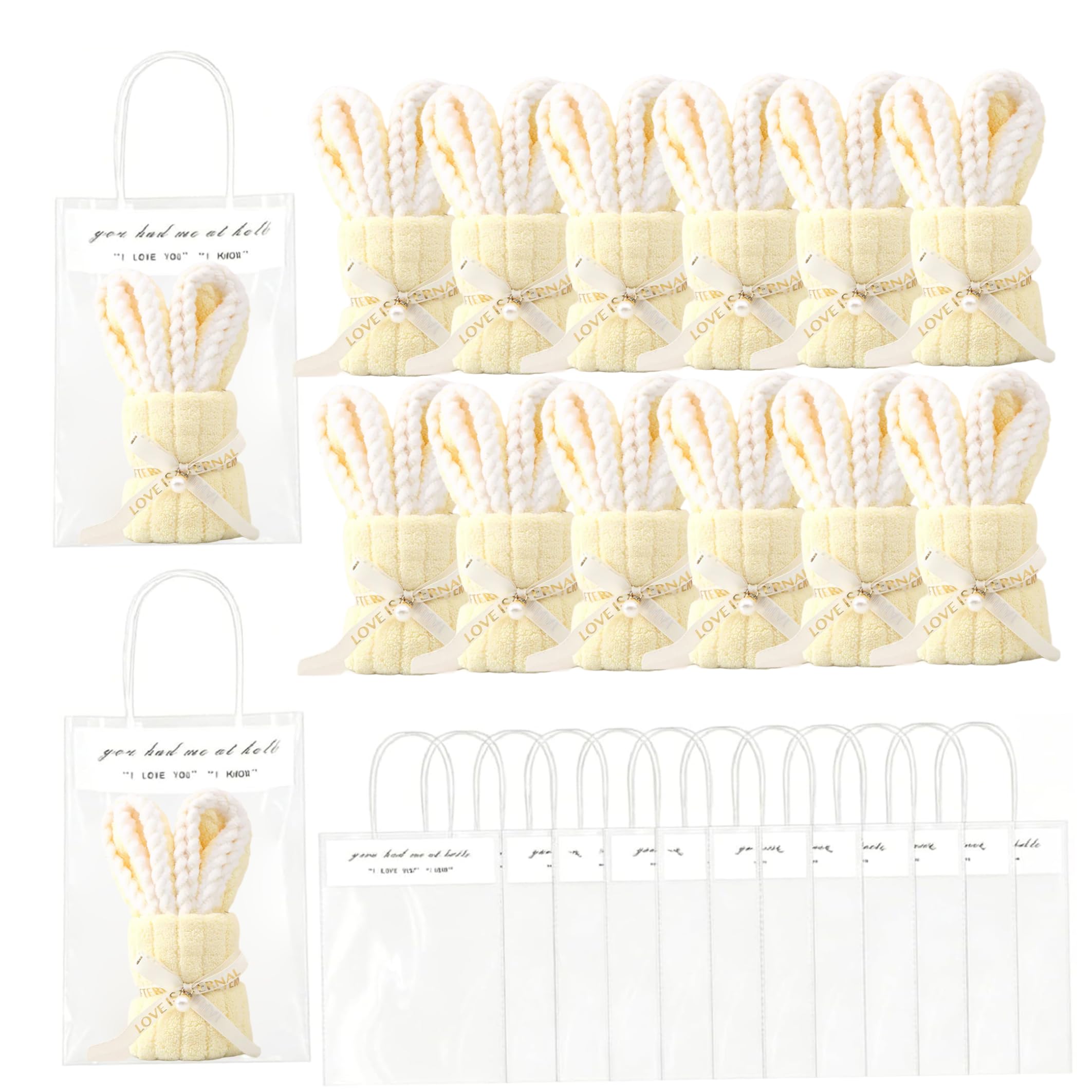 Gemuseeee 12 Set Coral Fleece Bunny Towels with Present Bag Baby Shower Favors for Guests 10x20 Inch - Yellow