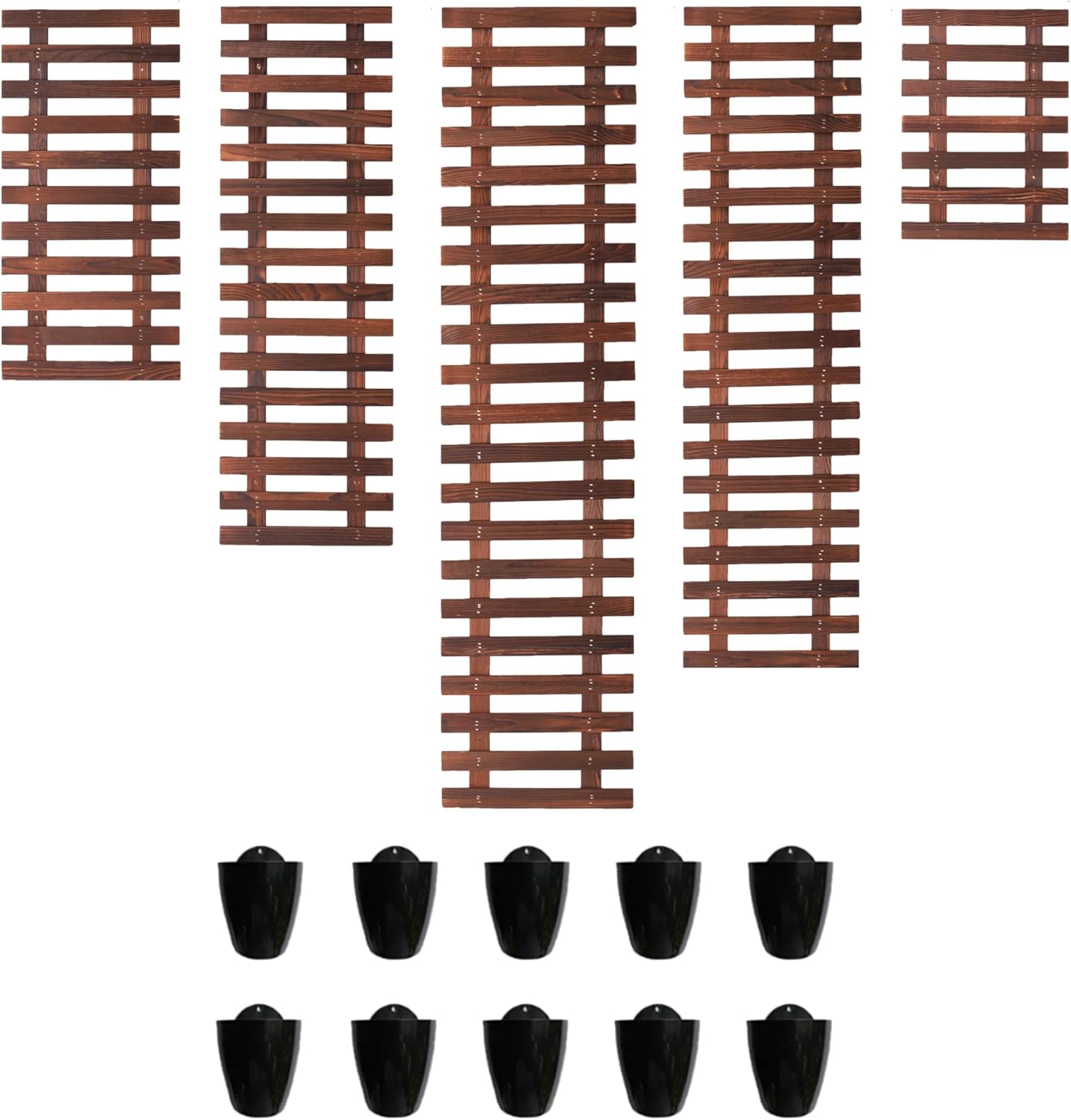 ShopLaLa Bundle- 5 Pack Set Wooden Hanging Plant Holder + 10 Pack, 4 Inch Black Self Watering Plastic Pots Large Wall Mount Vertical Hydroponic Live Garden Rustic Farmhouse Huge Shelves Modern Decor