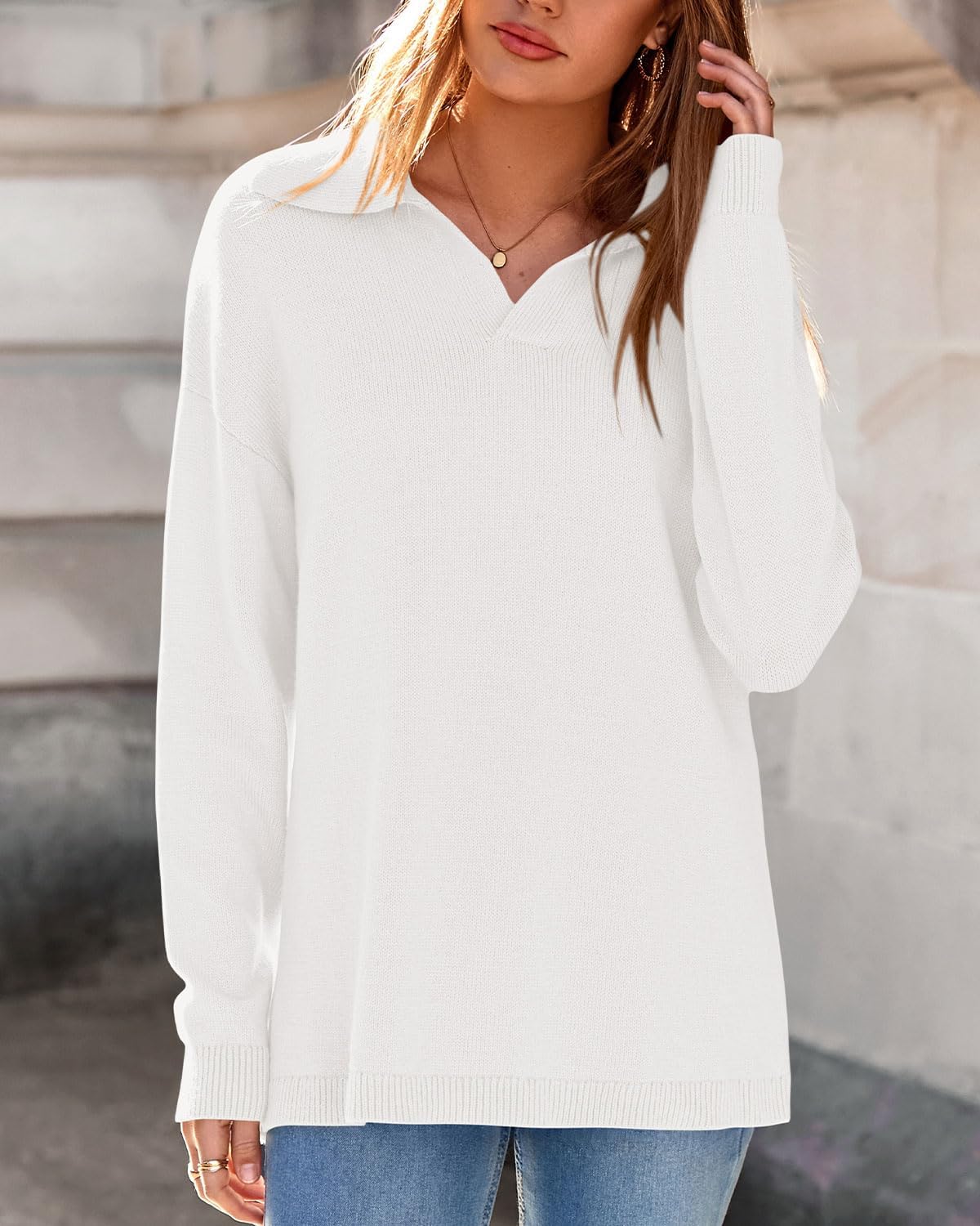 Zenlonr Women's Sweaters 2025 Fall Winter Lapel V Neck Knit Sweater Long Sleeve Casual Soft Pullover Jumper Tops - Image 2