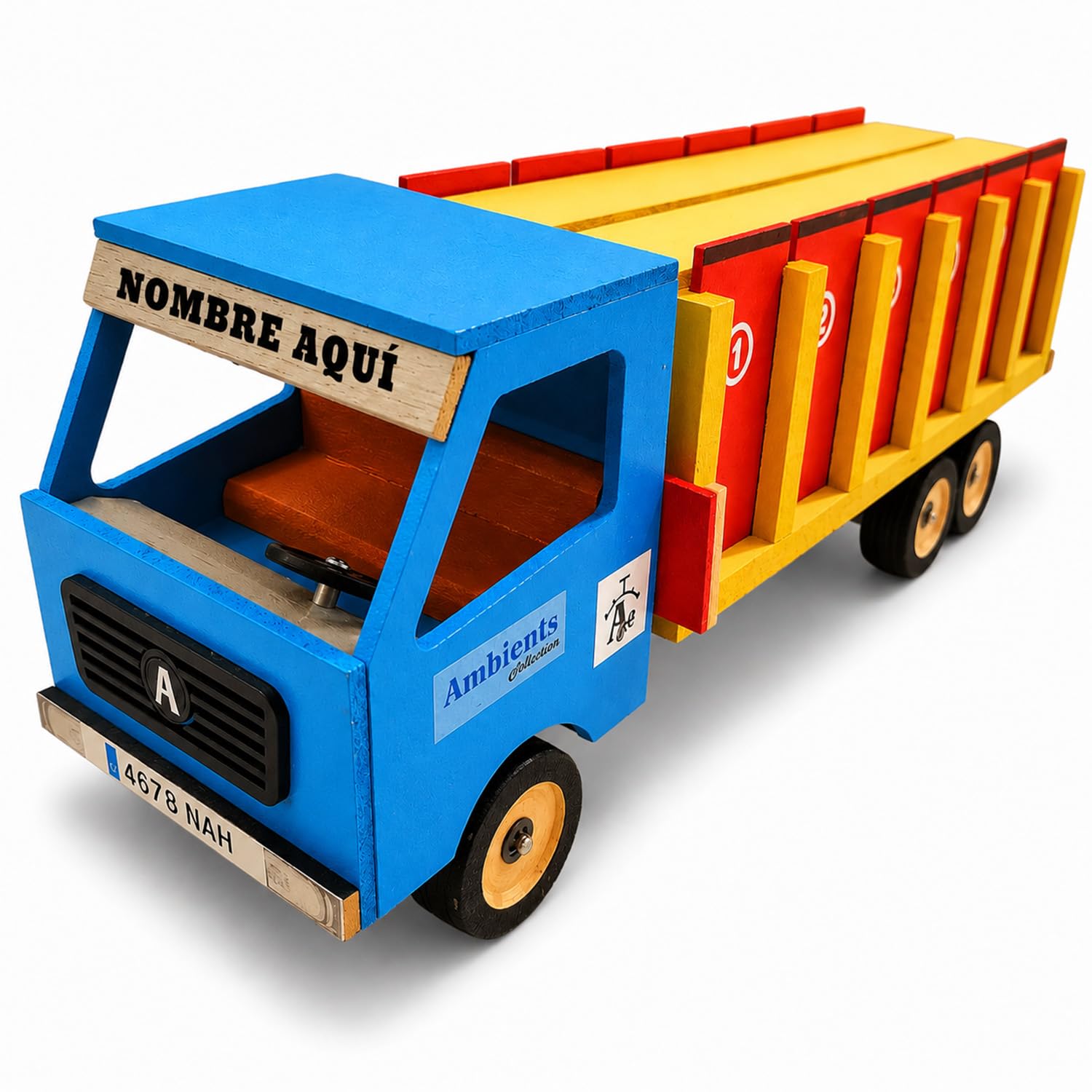 Camión de Toros Juguete Personalizable con 6 Toritos, Cajón con Compartimentos, 12 Puertas y Rampa, Madera Sostenible, Regalo Taurino para Niños, 42 x 12 x 19 cm