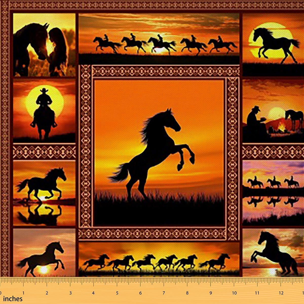 Horse Fabric by The Yard, Western Cowboys Upholstery, Farmhouse Sunset Decorative, Horse Silhouette Outdoor, Wild Animals Patchwork Waterproof for Sewing, Yellow, 3 Yards