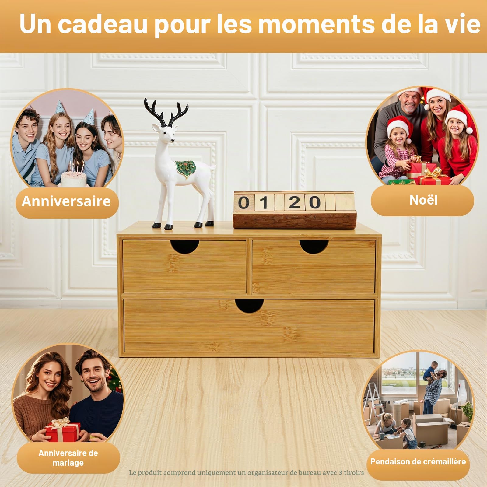 Organiseur de bureau en bambou avec tiroirs - Mini commode en bambou - Design monobloc - Boîte à maquillage avec 3 tiroirs - Pour bureau, salon et chambre à coucher
